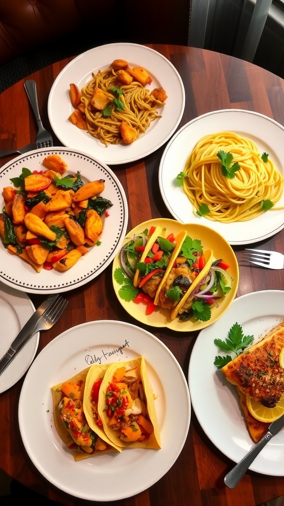 A dinner table with chicken stir-fry, spaghetti, vegetable tacos, and lemon garlic salmon.